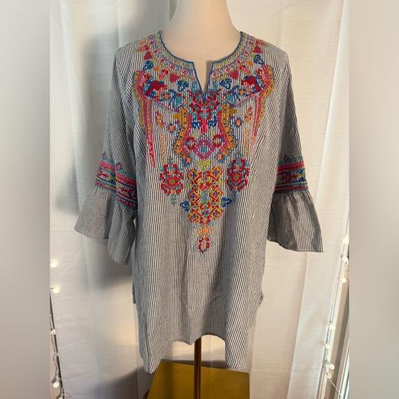 Caleoa Embroidered Stripe Tunic Top Bell Sleeve Boho Festival Cotton Large - Picture 6 of 8